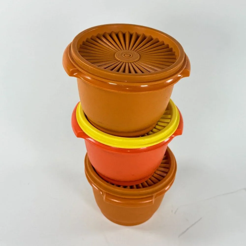 Vintage 3 Tupperware Servalier Bowls w/ Sunburst Lids Brown Yellow Orange 1970s